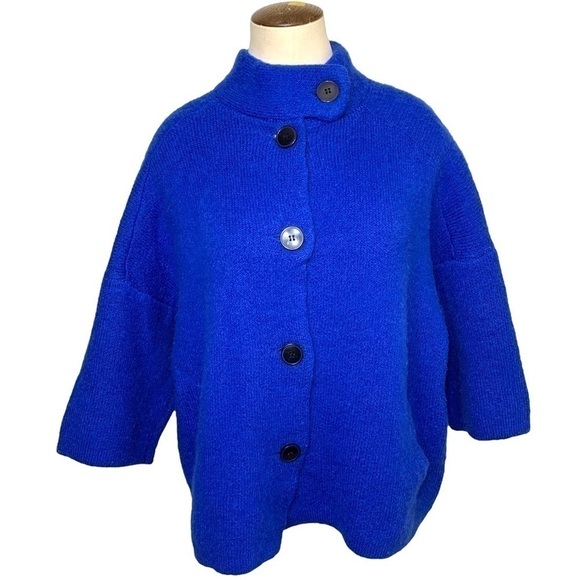 Christian Siriano Knit Cardigan Sweater M Cobalt Blue Wool Blend Fuzzy Top - Picture 1 of 13